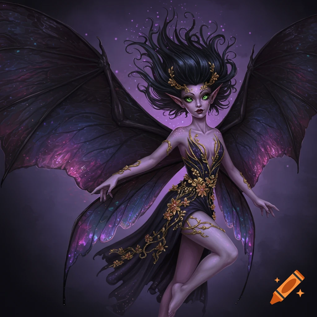 A dark fantasy illustration of a bat fairy with purple skin, green eyes, and large dark wings.