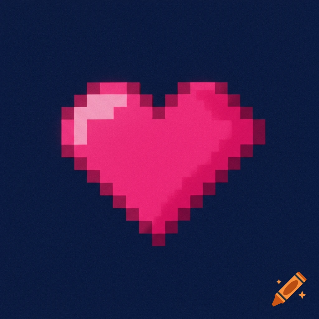 A pink pixelated heart on a dark blue background.
