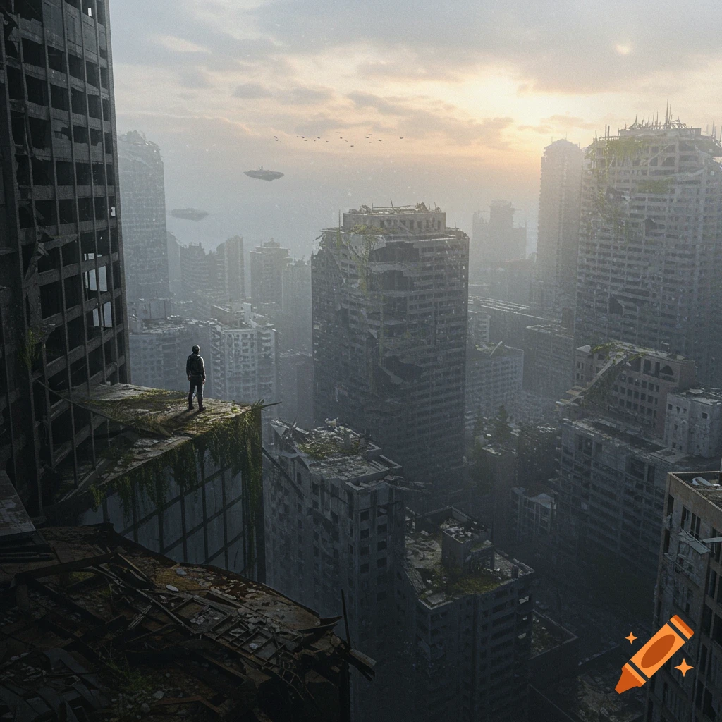 Person on a ruined building overlooking a destroyed city with flying objects in the sky. Photorealistic style.