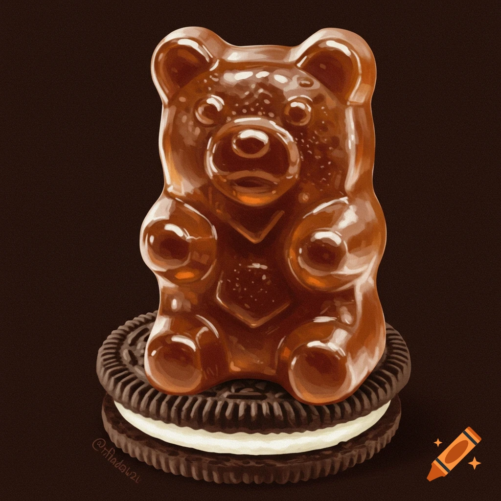 A brown gummy bear sits on a stack of two chocolate sandwich cookies.