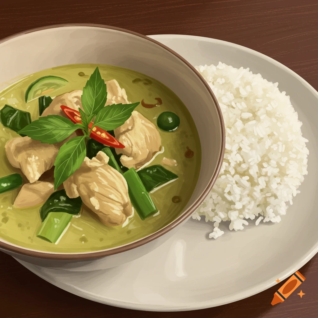 A bowl of green curry with chicken and vegetables next to a plate of rice, in an illustrated style.