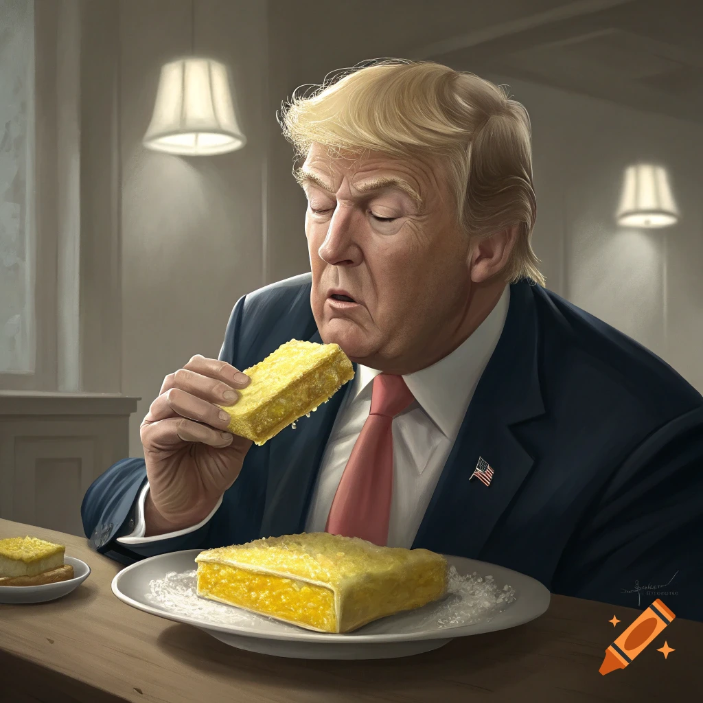 An illustration of Donald Trump eating a lemon bar at a table