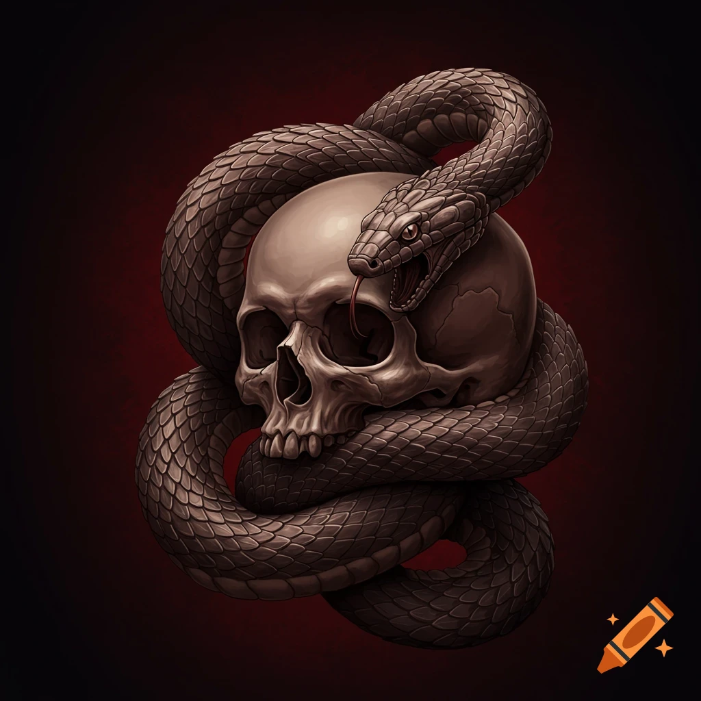 A dark coiled snake wraps around a human skull on a red and black gradient background.
