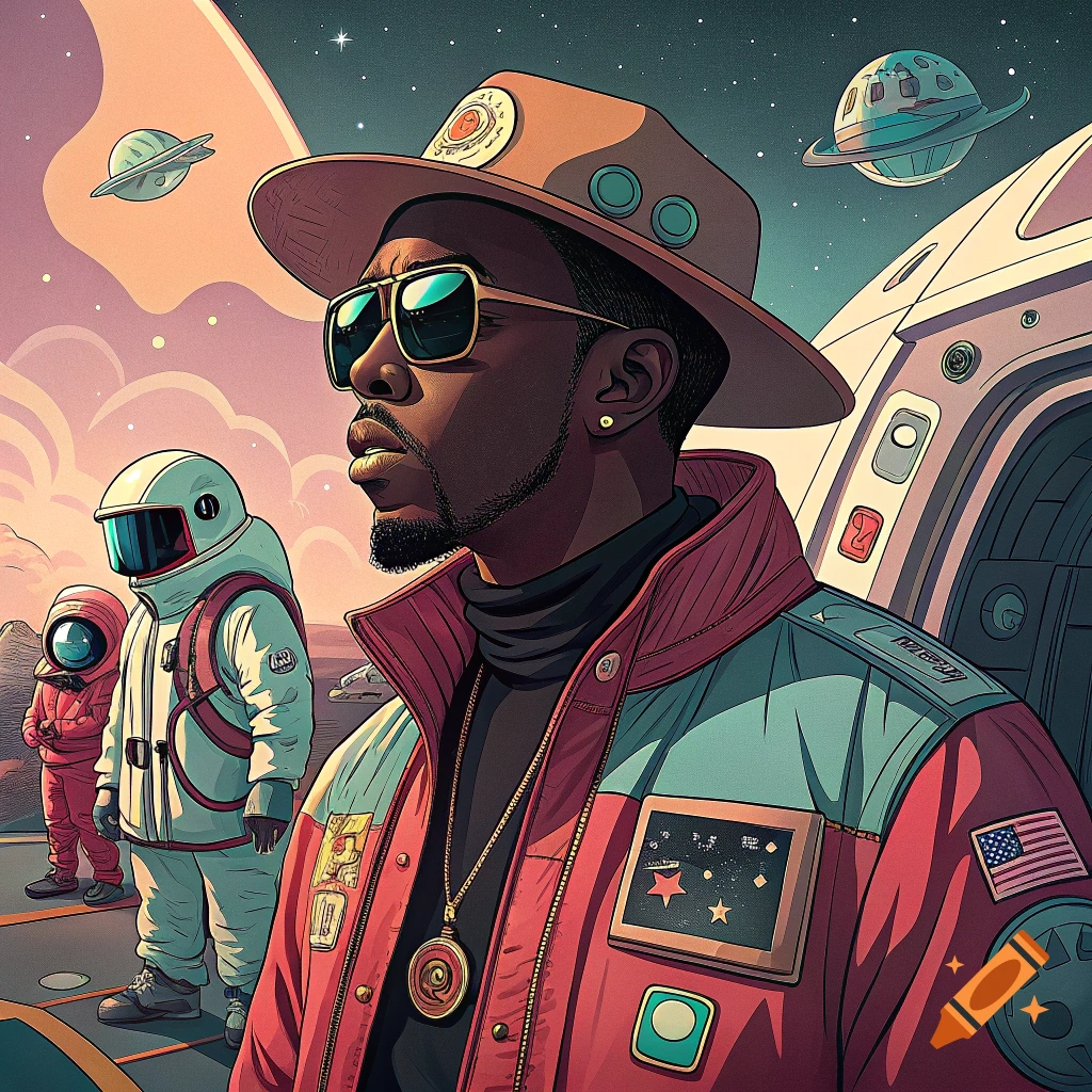 Stylized illustration of a Black man in a hat and jacket in a space scene with Among Us figures and flying saucers.