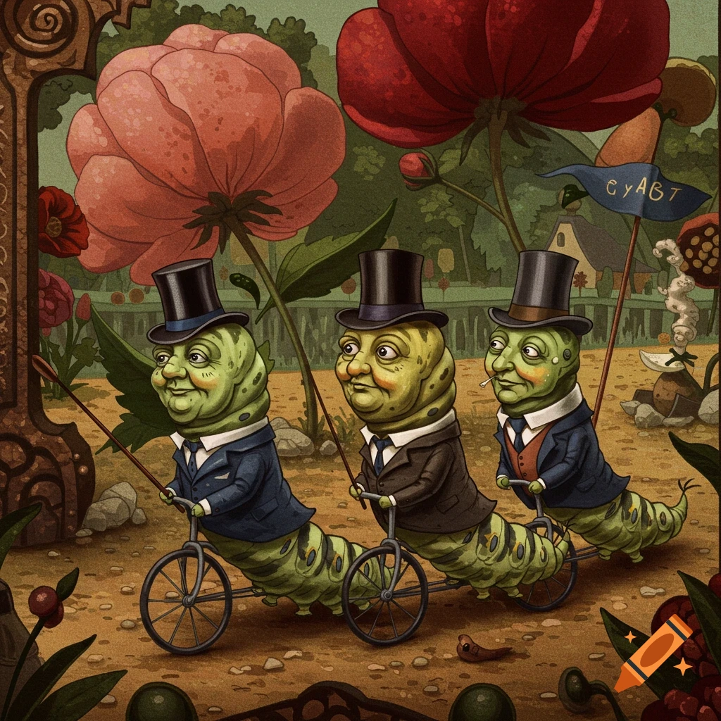 Three caterpillars in suits and top hats ride bicycles through a garden with large flowers.