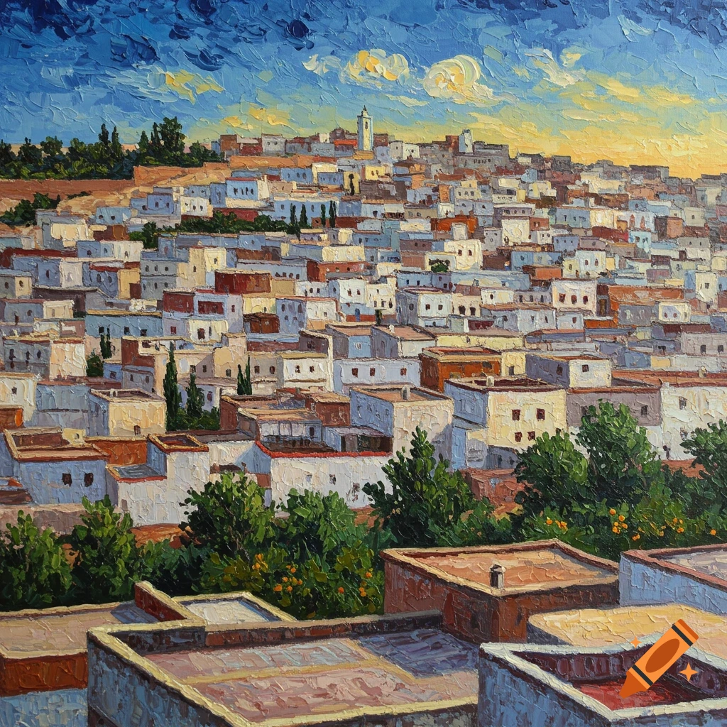 Painting of a white town on a hillside under a blue sky in a Van Gogh style.