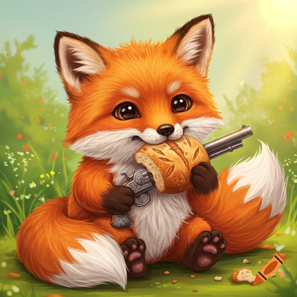 Cute cartoon fox sitting with a gun and bread loaf in a meadow.