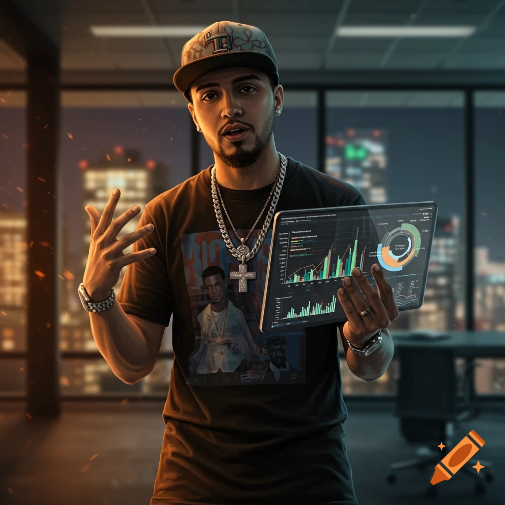 Hip hop artist in a hat and jewelry holding a tablet with financial charts in an office.