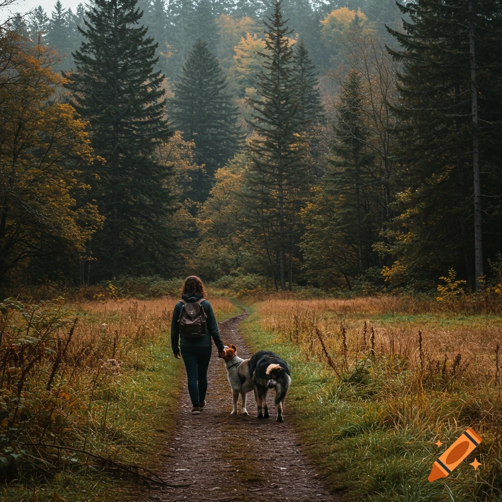 Person walking two dogs on a path through an autumn forest