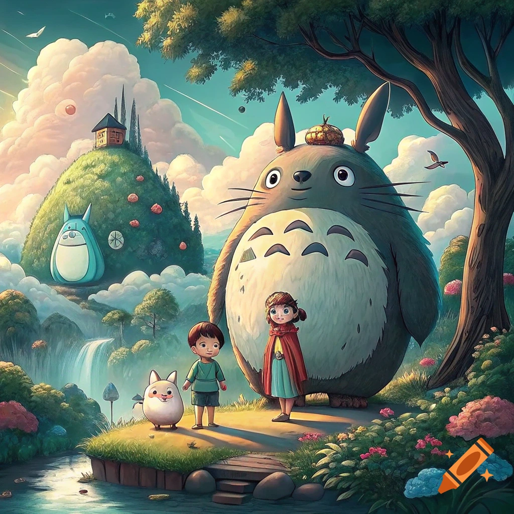 Totoro, two children, and a small white creature stand in a lush fantasy landscape with a mountain, waterfall, and clouds, in the style of Studio Ghibli.