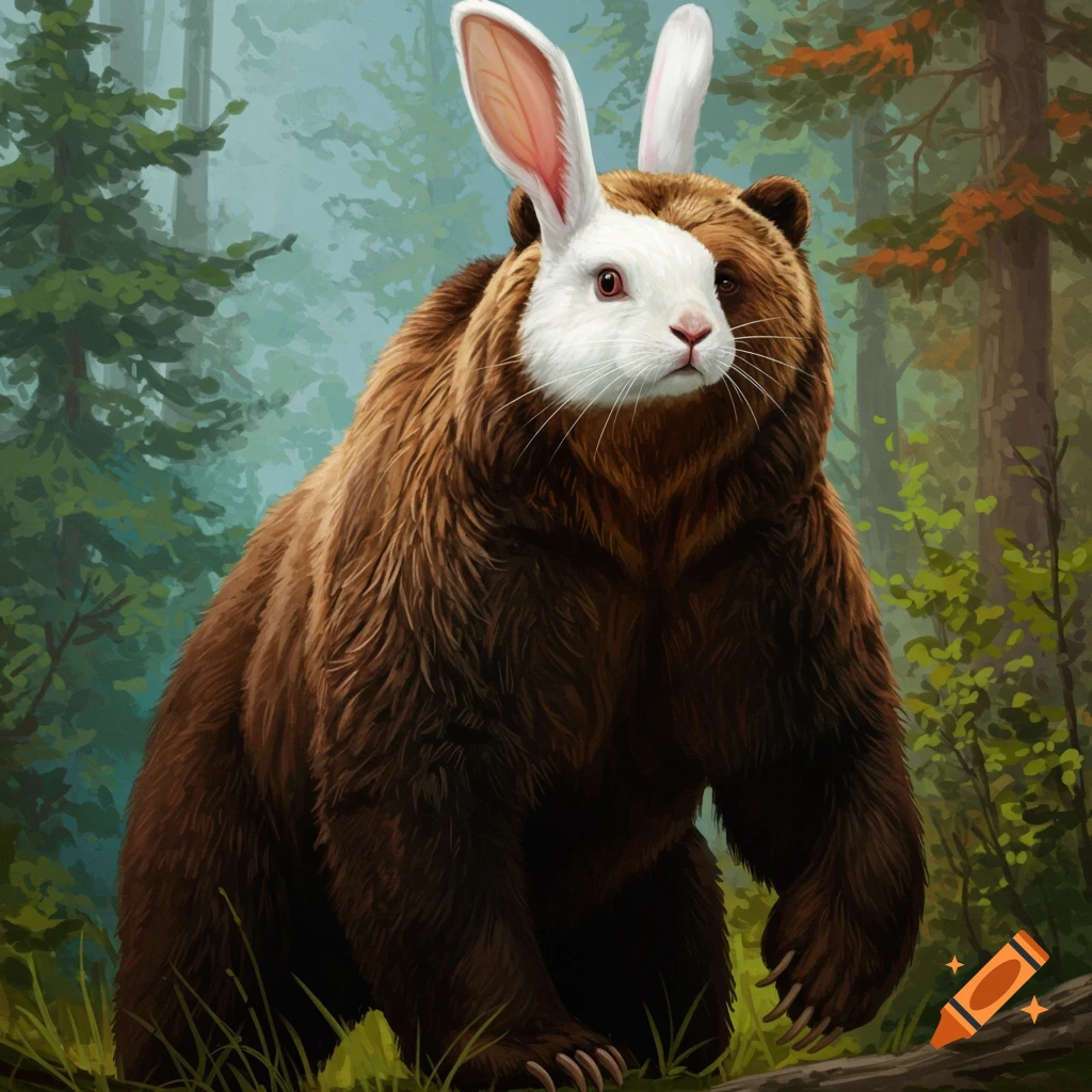A brown bear with a white rabbit's head and ears stands in a forest.