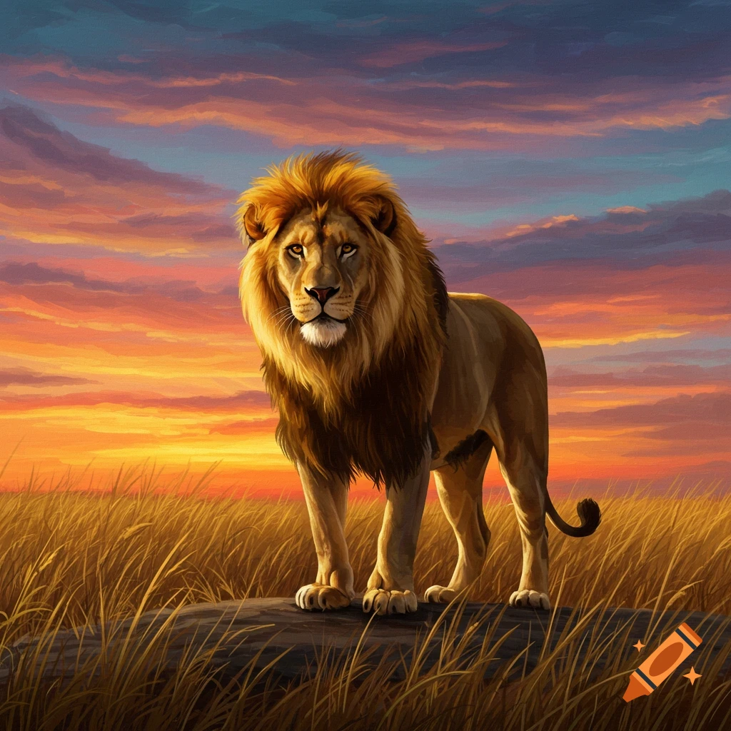 A majestic lion stands on a log in a grassy field against a vibrant sunset sky.