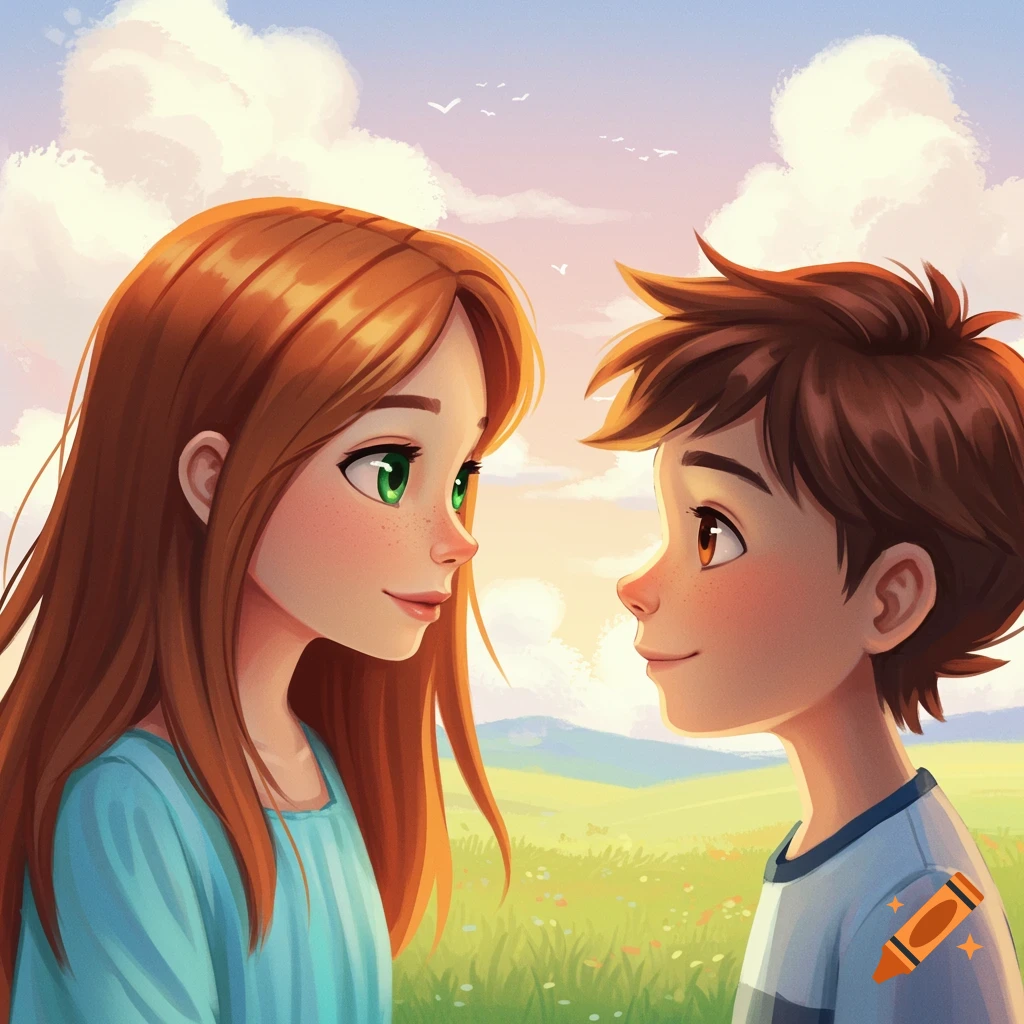 Illustrated portrait of a girl with red hair and green eyes looking at a boy with brown hair and brown eyes in a field.