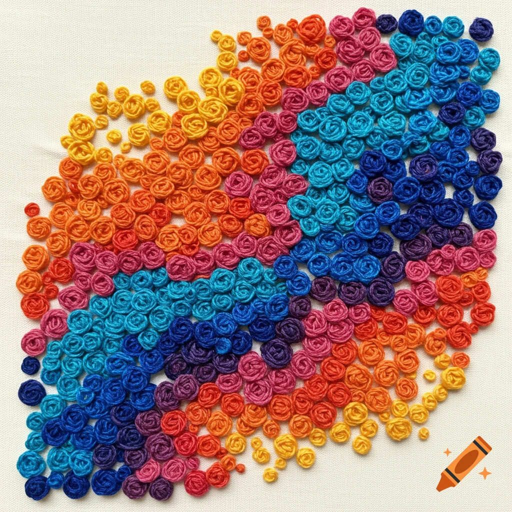Colorful abstract embroidery design of french knots in diagonal stripes on white.