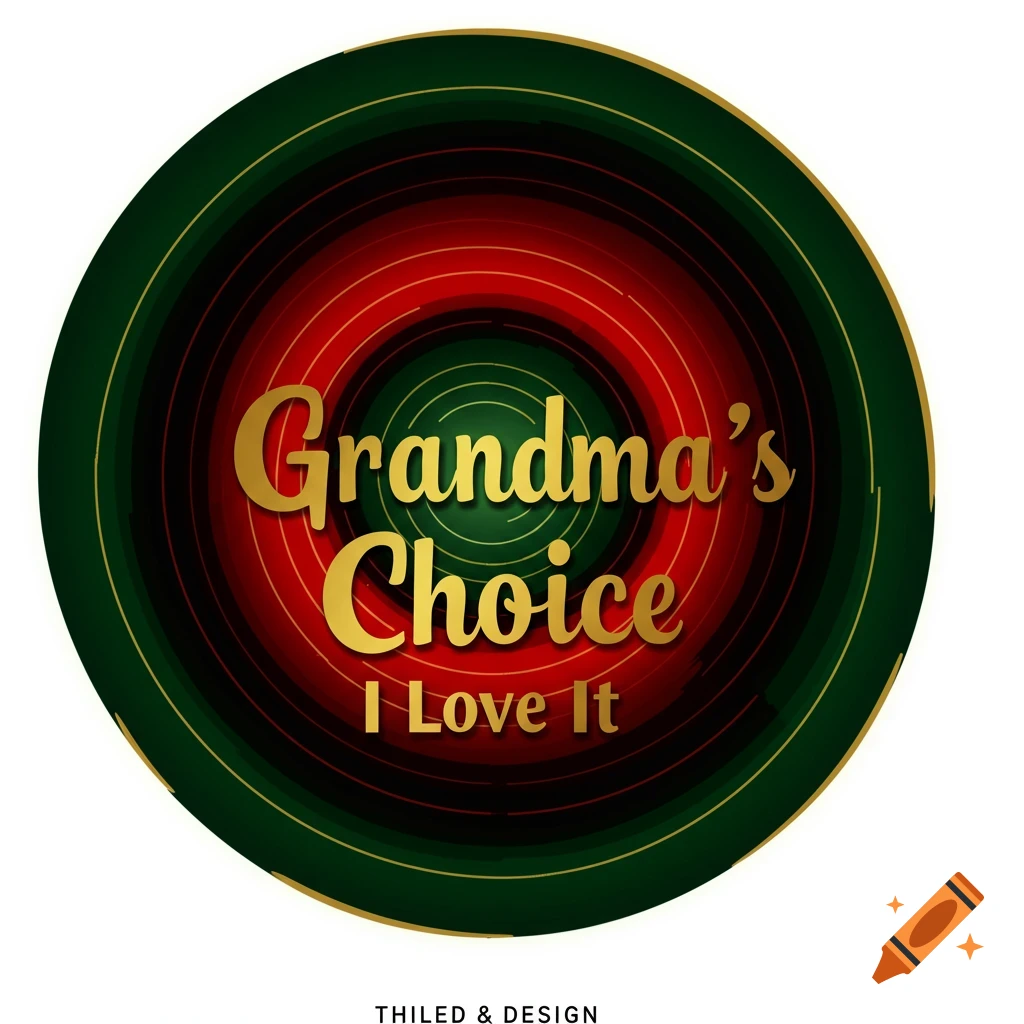 A circular logo with concentric green and red rings and gold text 'Grandma's Choice I Love It'.