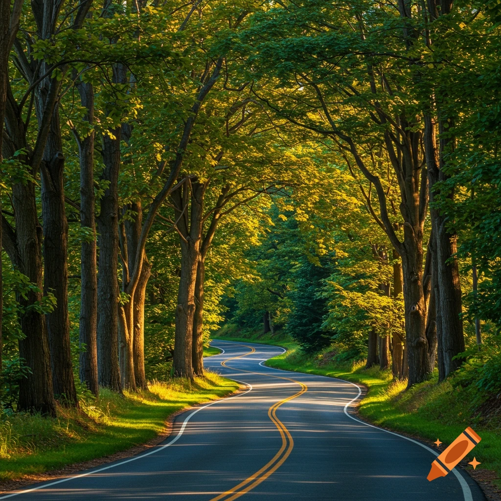 A curvy road winds through a sunlit forest.