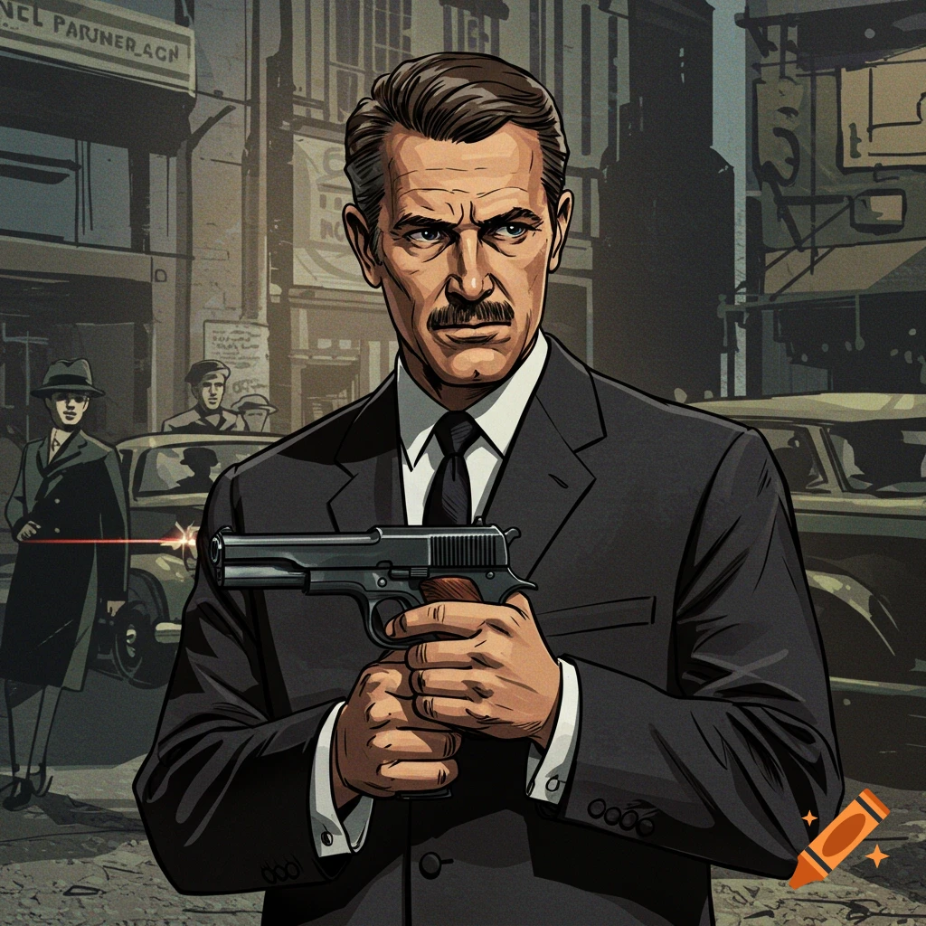 Illustration of a vintage secret agent in a suit aiming a pistol on a city street.