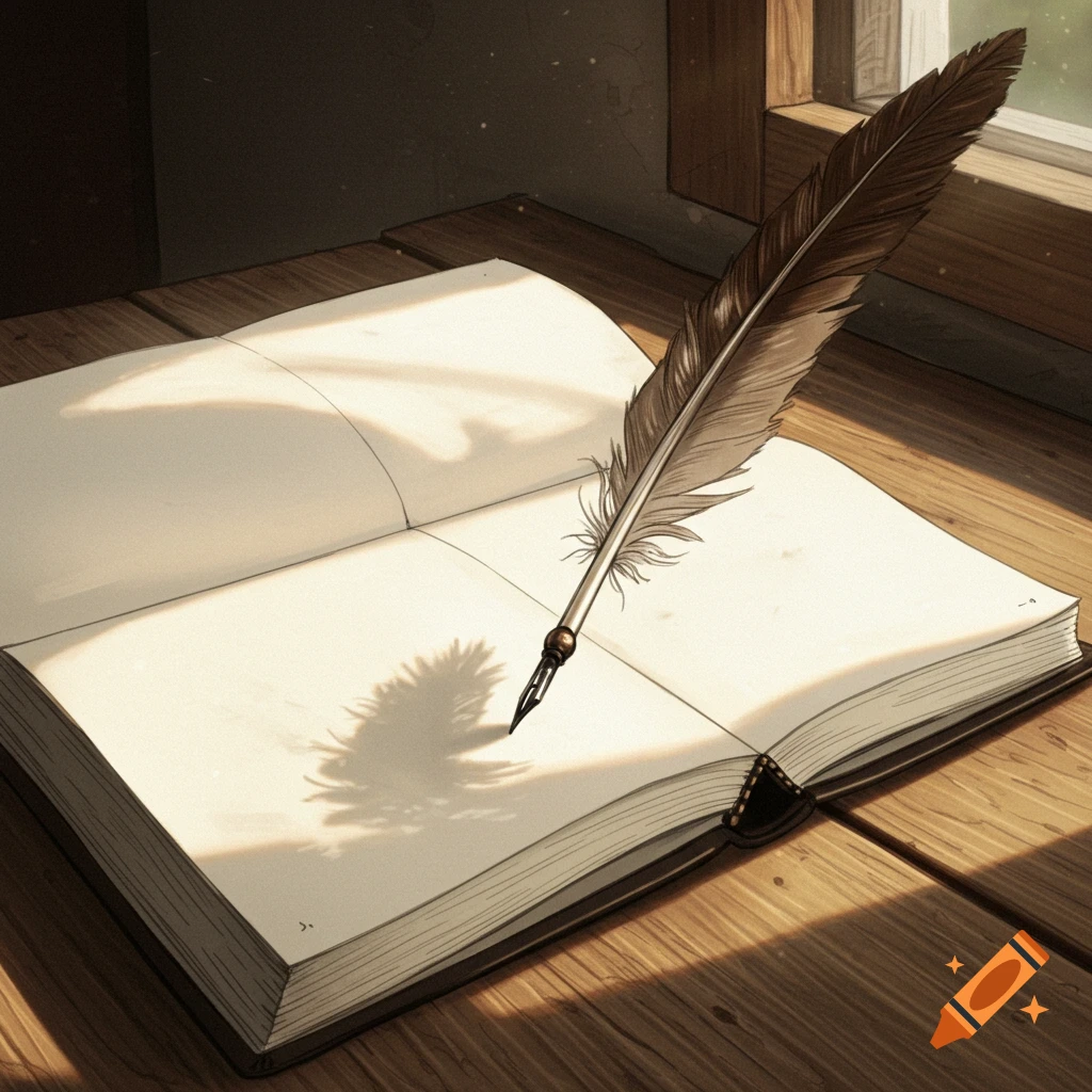 An open sketchbook and a feather quill on a wooden desk bathed in sunlight from a window.