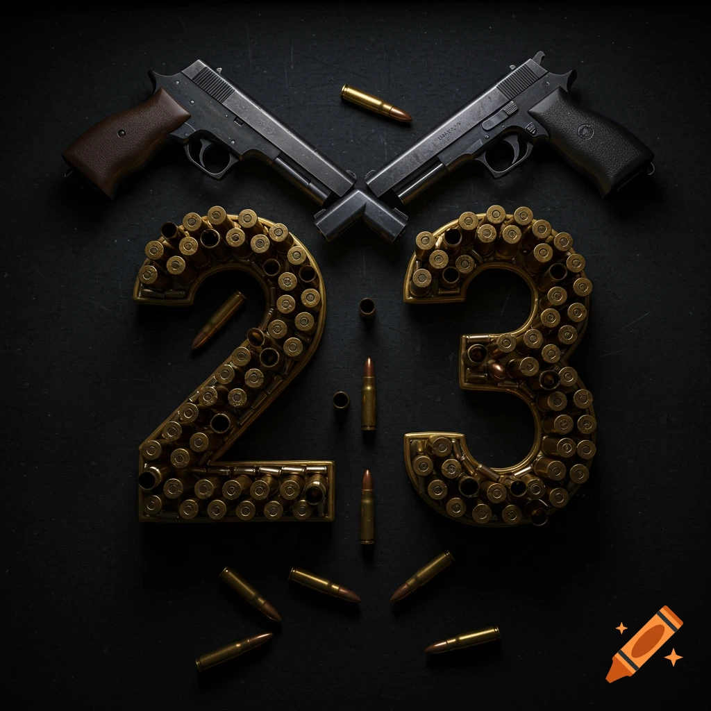 Still life of the number 23 formed from bullets with two crossed pistols in the background on a dark surface.