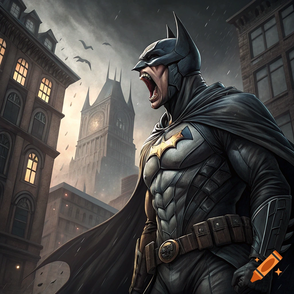 Batman yells in a dark, rainy city with a clock tower and flying birds.