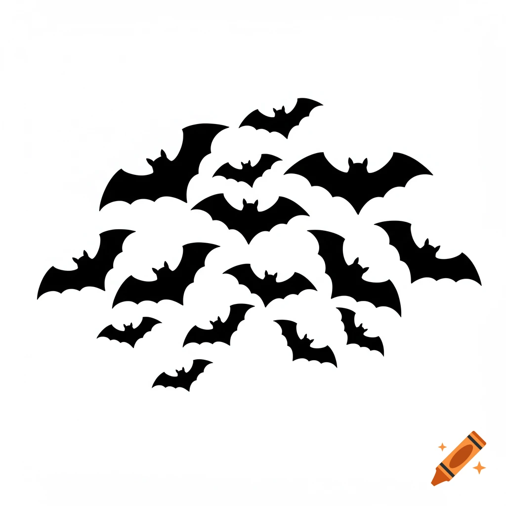 A cluster of black clip art bats on a white background.