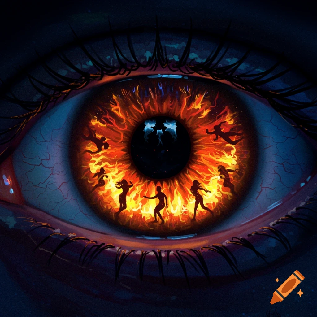 Close-up of an eye with fire and dancing human silhouettes in the iris