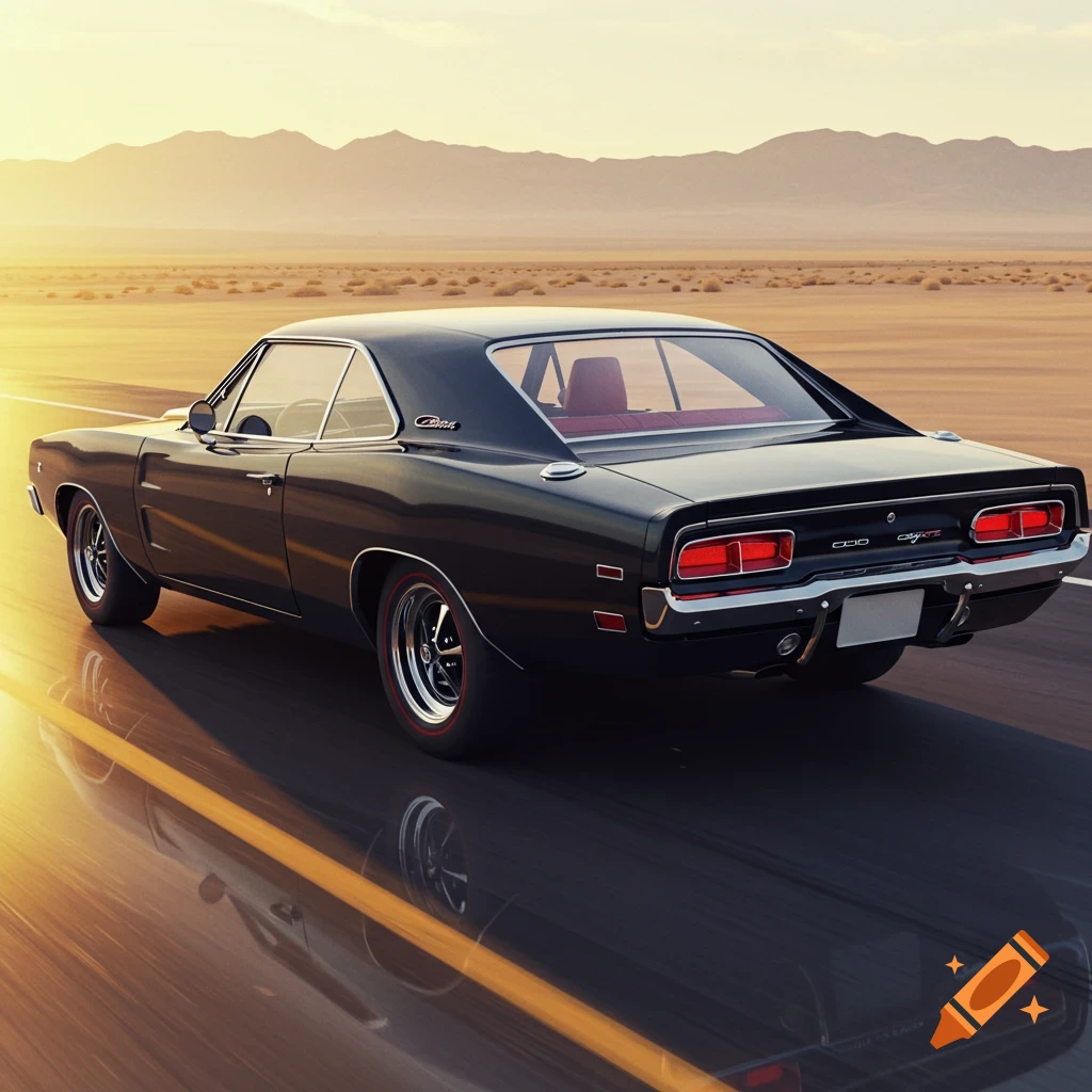 A black 1968 Dodge Charger drives down a desert road at sunset, mountains in the background. Photorealistic style.