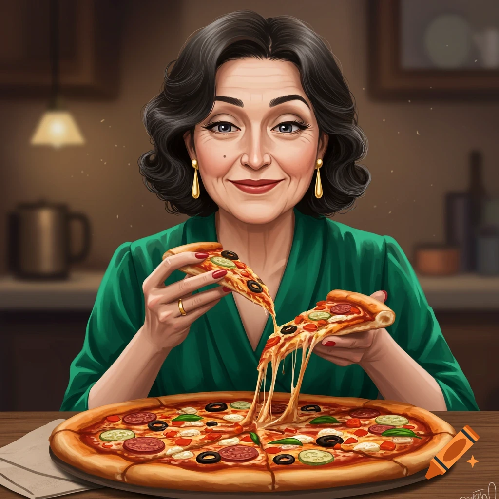 An older woman in a green dress holds slices of pizza with melting cheese in an illustrative style. She sits at a table with a full pizza in front of her.