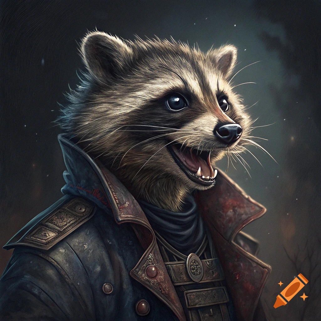 Close-up portrait of a realistic raccoon wearing a dark coat with decorative clasps.