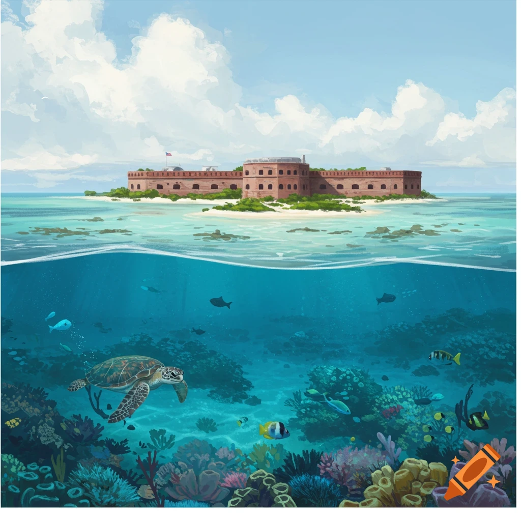 Illustrative split view of a fort on an island above the ocean surface and a coral reef with marine life below.