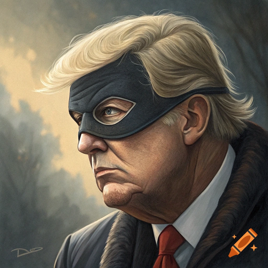 Stylized portrait of a man resembling Trump wearing a black mask and suit coat, looking left.