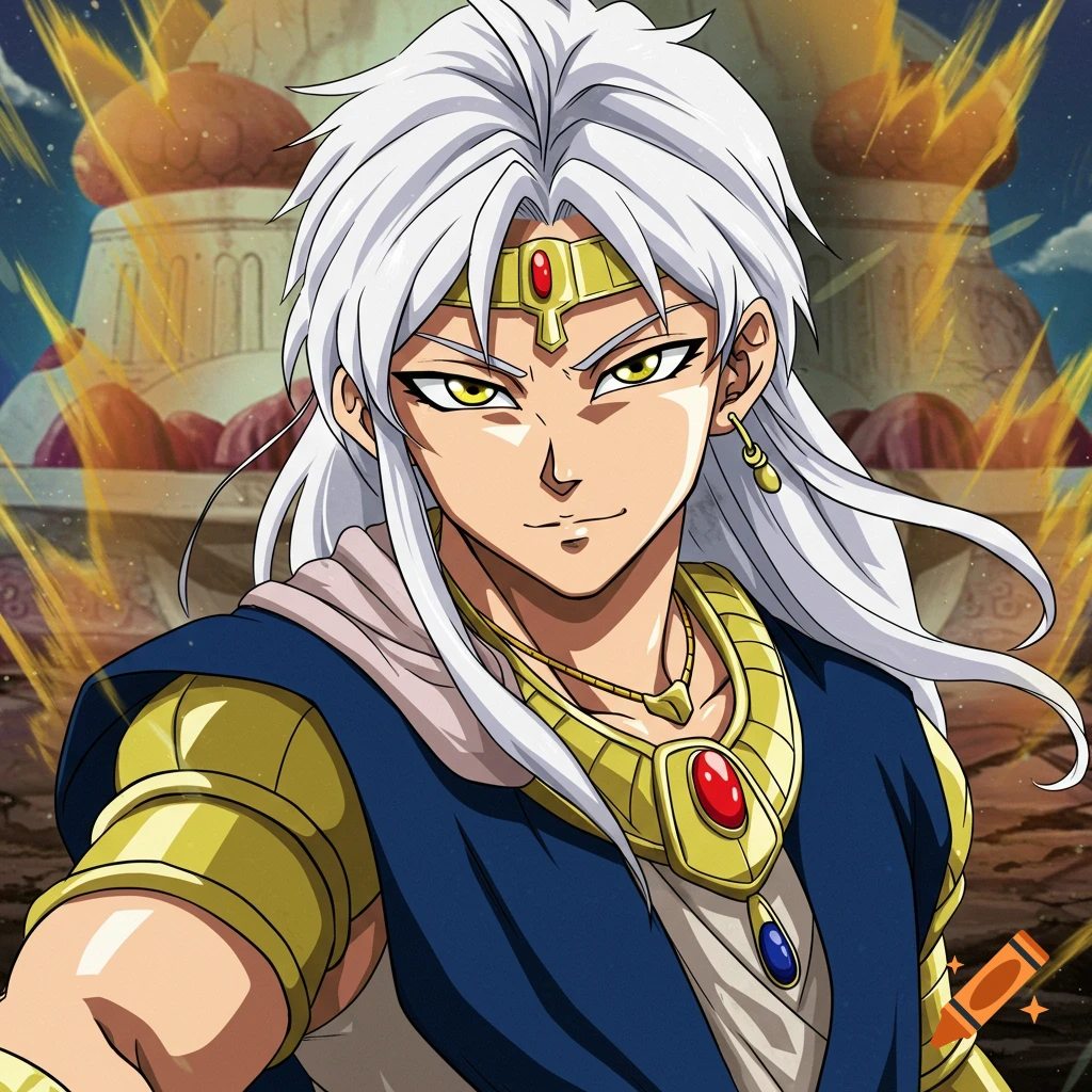 Anime illustration of a character with white hair and yellow eyes in ornate clothing against a fantasy background.