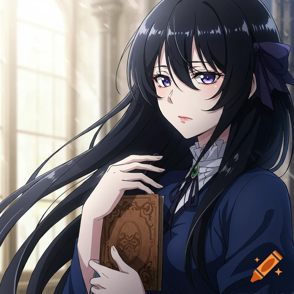 Anime portrait of a woman with long black hair and purple eyes in a blue dress, holding a book.