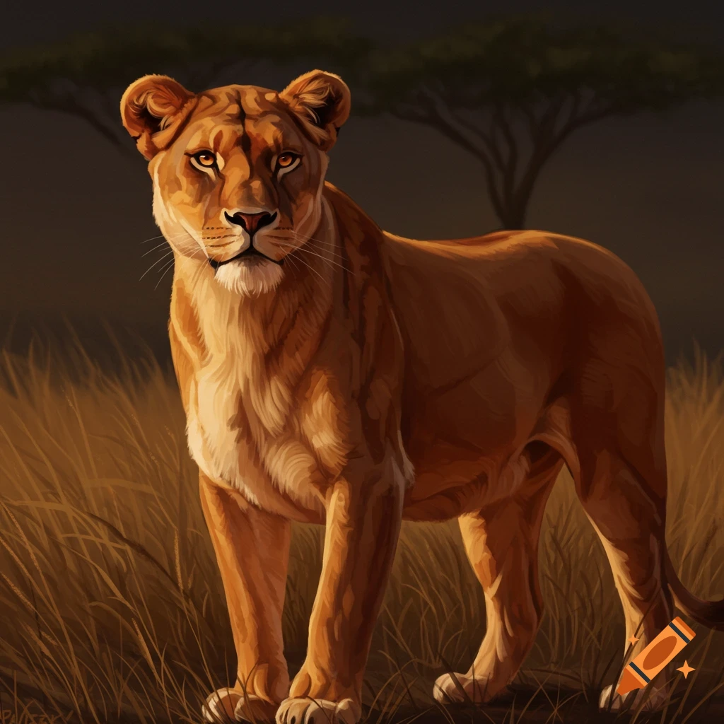 A lioness stands in tall grass in a sunlit savanna landscape, painted style.