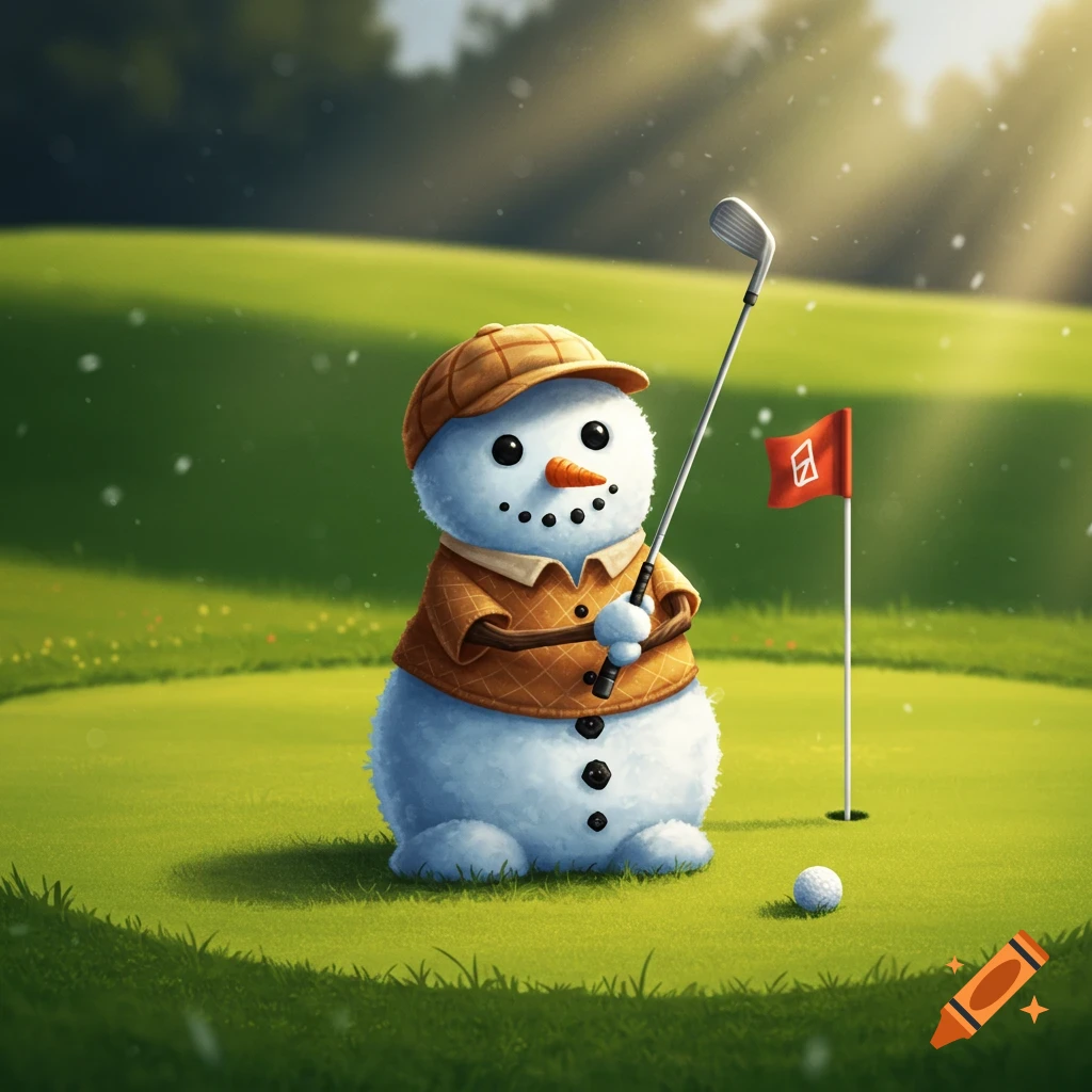 Cute illustration of a snowman playing golf on a green
