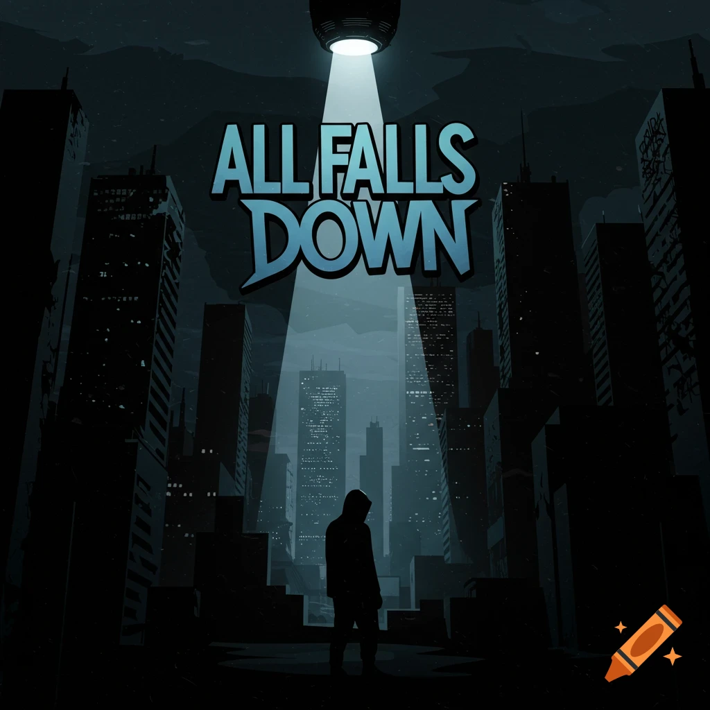 Graphic style album cover of a hooded figure in a spotlight over a dark city skyline with the text ALL FALLS DOWN.