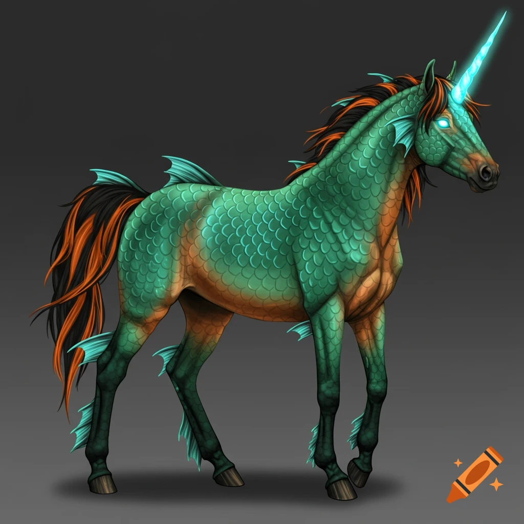 Horse with green body, orange mane and tail, glowing blue eyes and horn ...