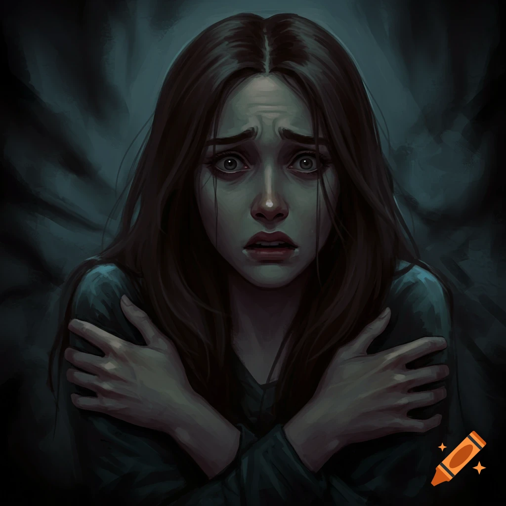 A woman with a fearful expression, clutching herself in a dark setting.