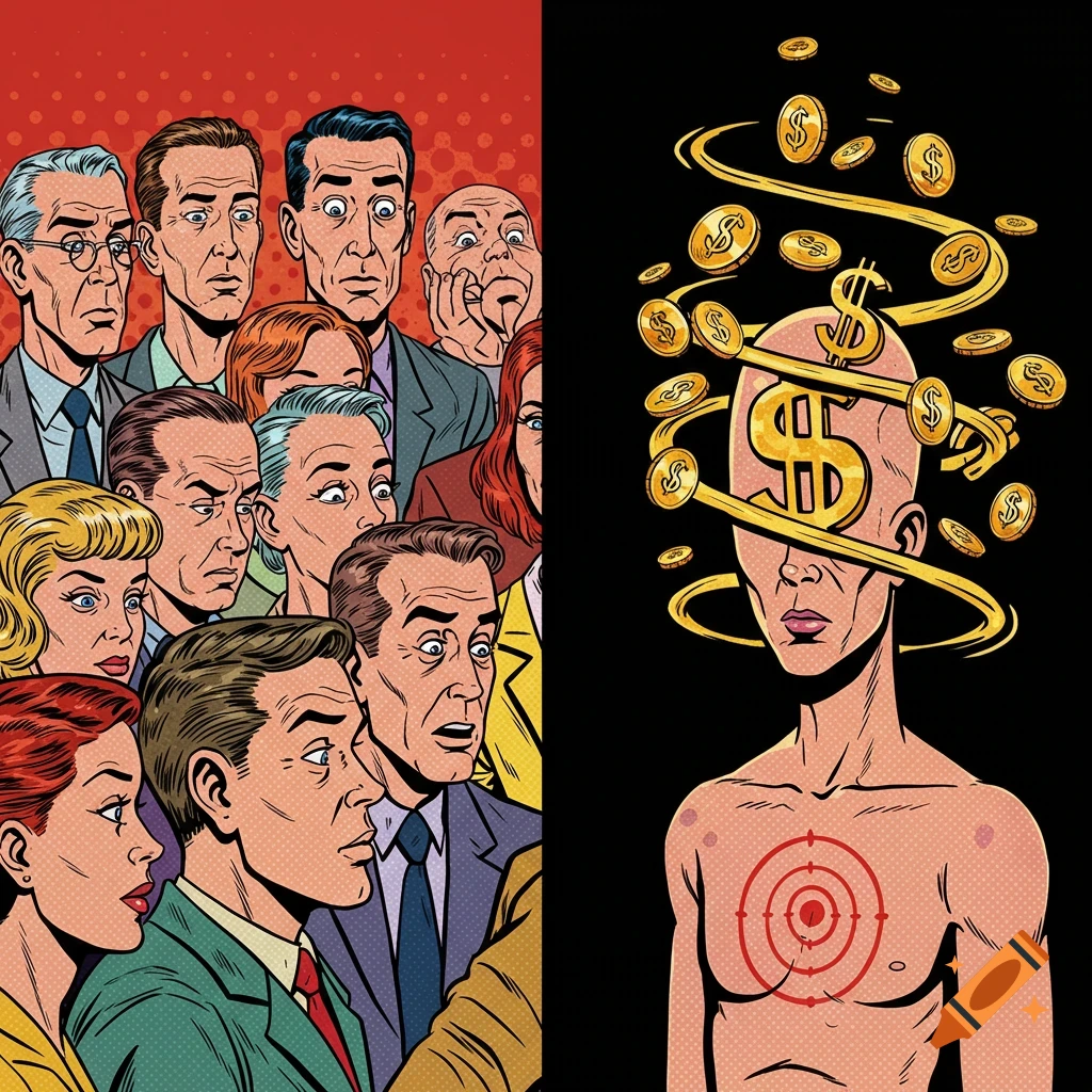 Pop art illustration of a crowd looking at a figure with dollar signs in their head and a target on their chest.