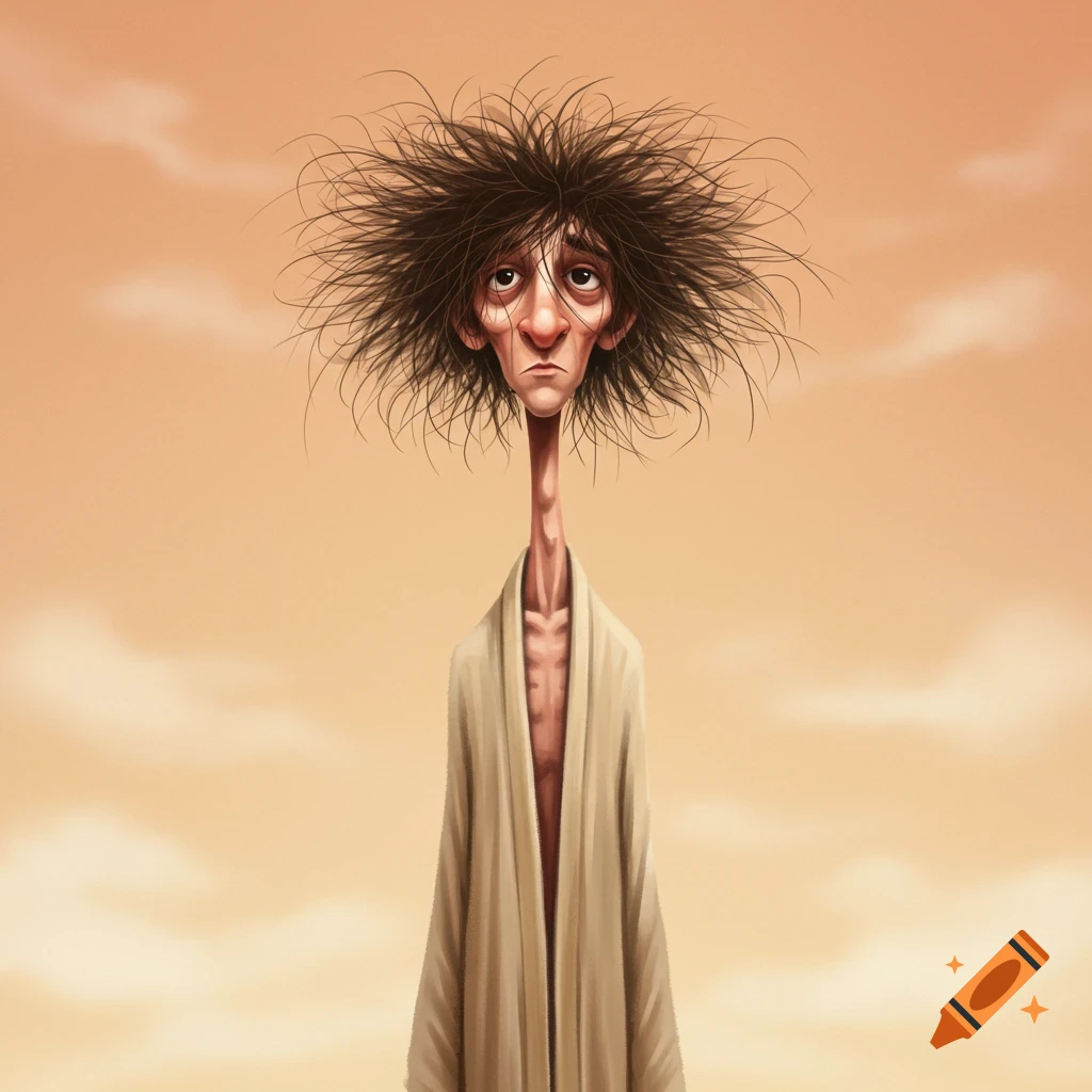 A stylized illustration of a very tall, thin person with messy hair wearing a robe against an orange sky.