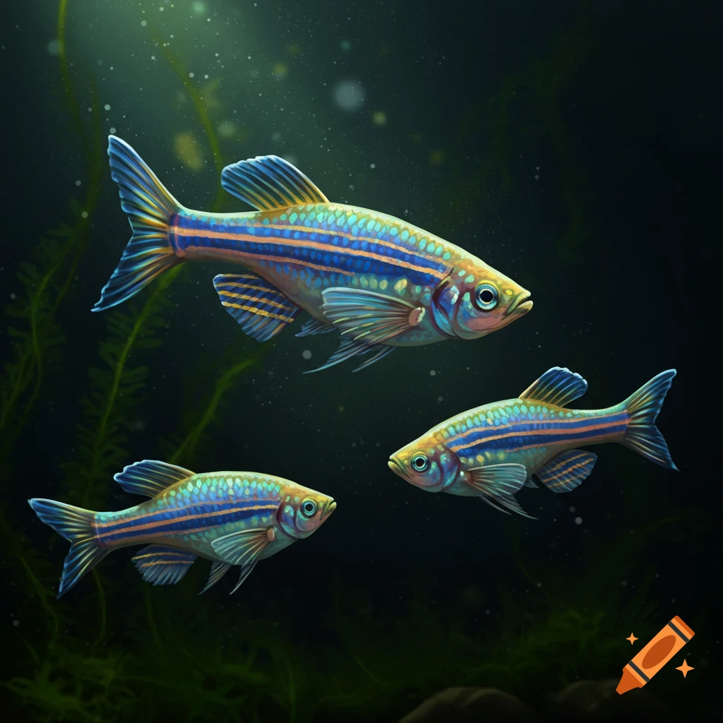 Three blue and orange striped zebrafish swim amongst green plants underwater in an illustration.