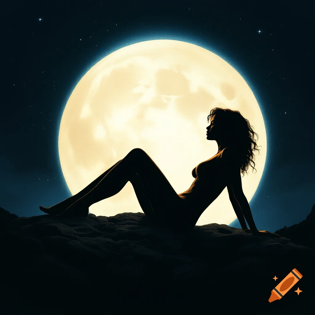 Silhouette of a reclining woman against a large full moon and starry night sky.