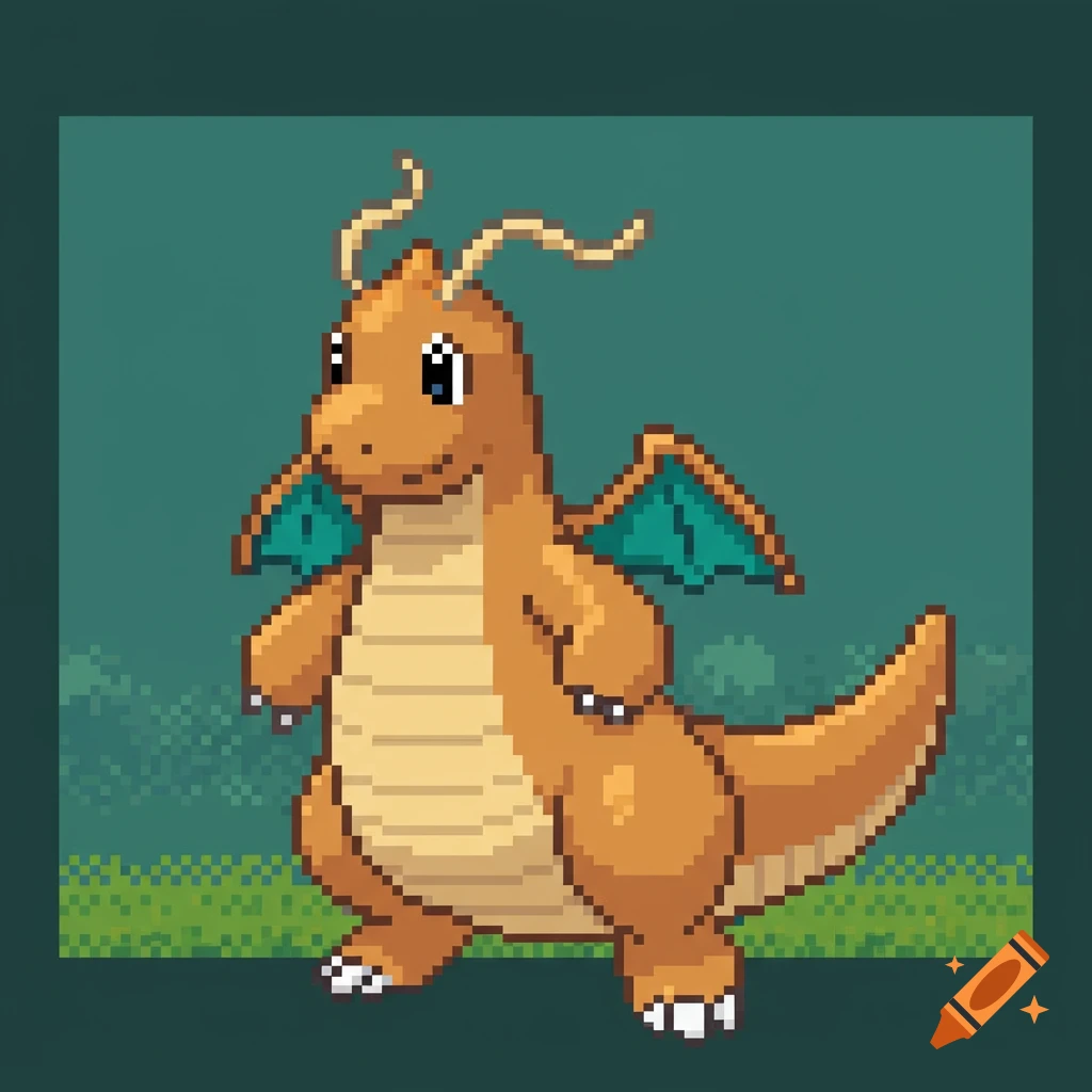 Pixel art of a Dragonite against a greenish background.