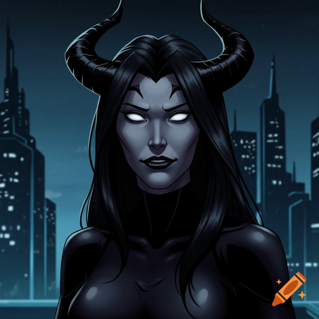 Female character with black horns, grey skin, white eyes, and long black hair, standing in front of a city skyline, in a comic art style.