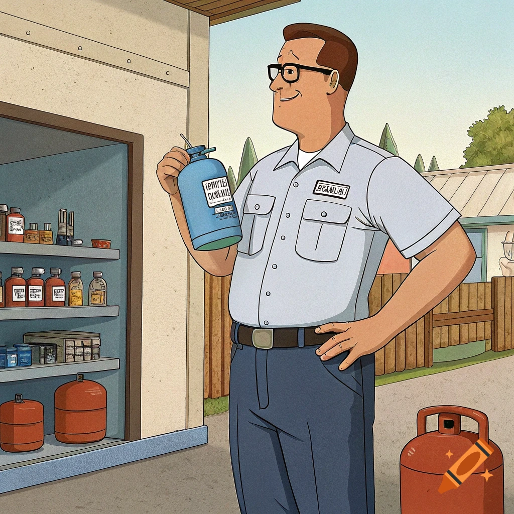 Cartoon of Hank Hill holding a bottle outside a store with propane tanks.