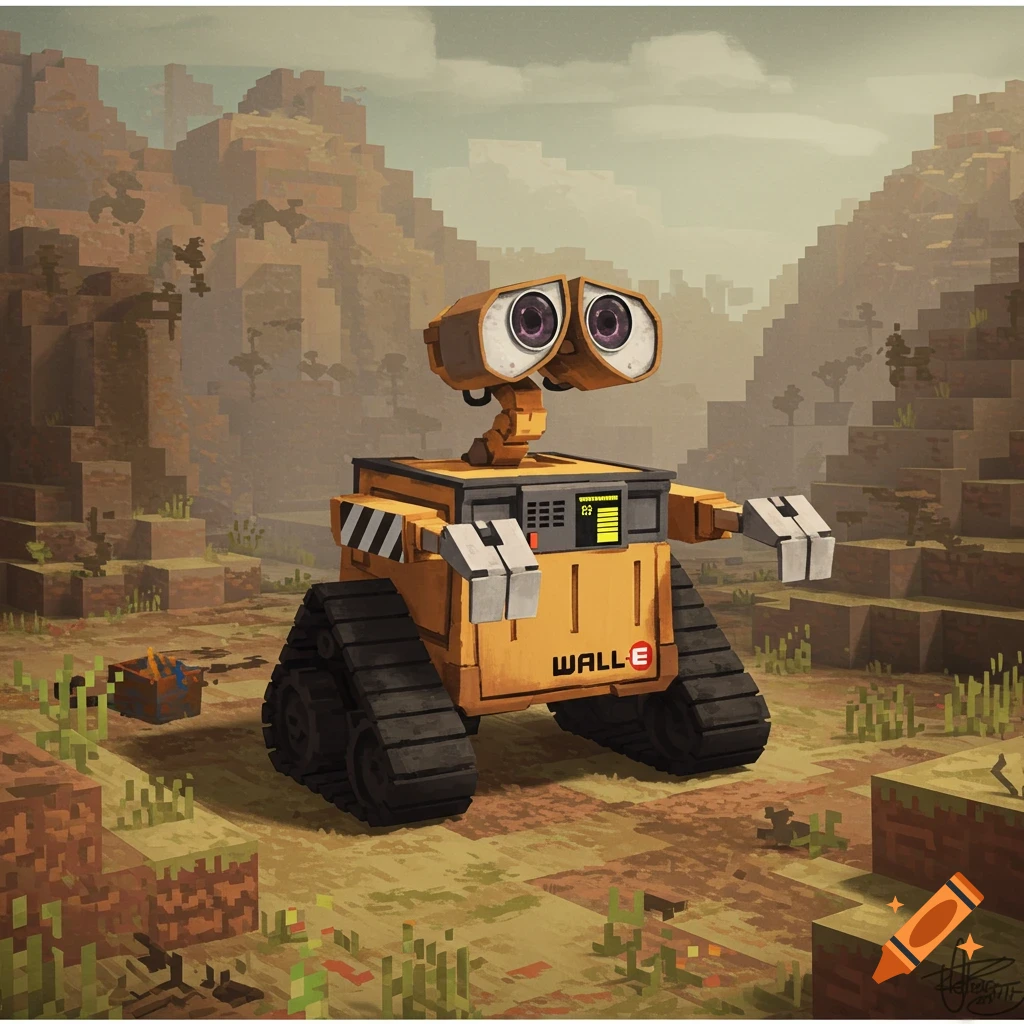 WALL-E robot standing in a blocky Minecraft world landscape