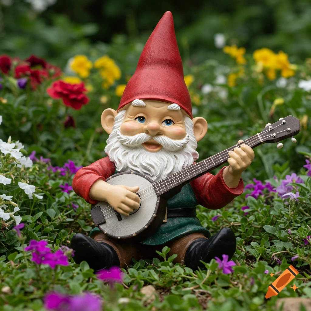 A garden gnome sits among flowers playing a banjo