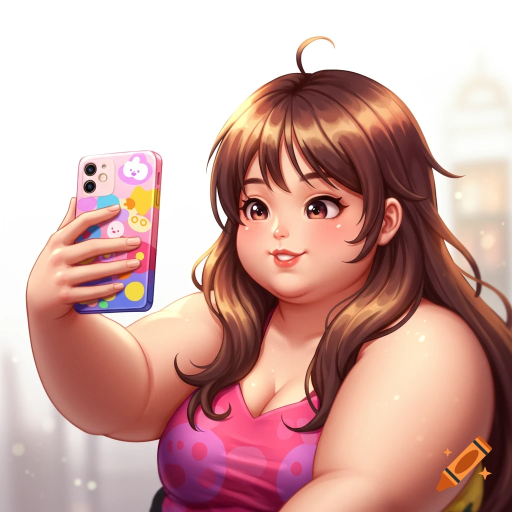 Anime style drawing of a chubby woman taking a selfie with her phone.