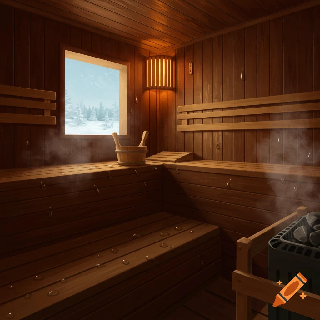Interior of a sauna with wooden benches and a window showing a snowy winter landscape.