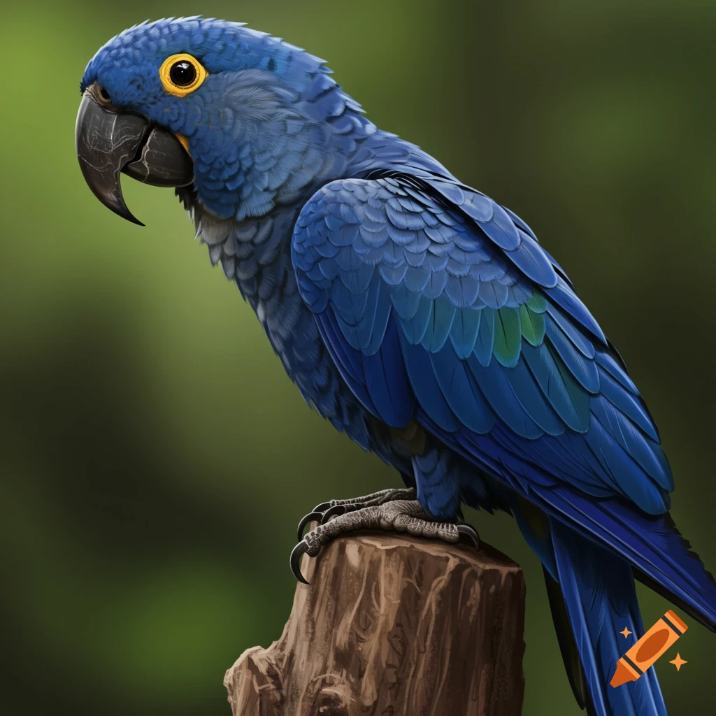 A close-up of a blue macaw perched on a tree stump with a green background.